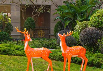 梅花鹿雕塑-公園景區(qū)兩只散步的玻璃鋼彩繪梅花鹿雕塑