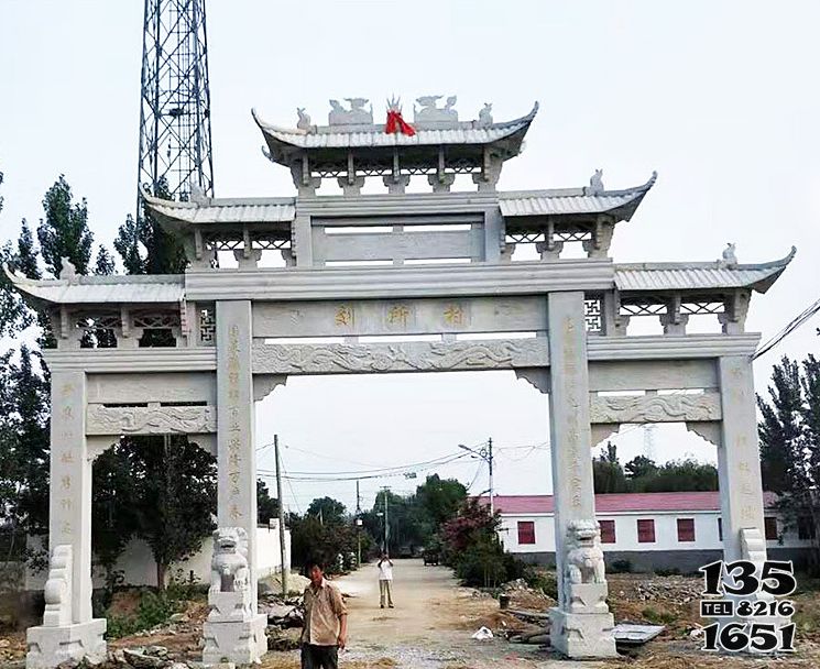 牌坊雕塑-美麗城市建設孝善漢白玉三門樓浮雕牌坊高清圖片