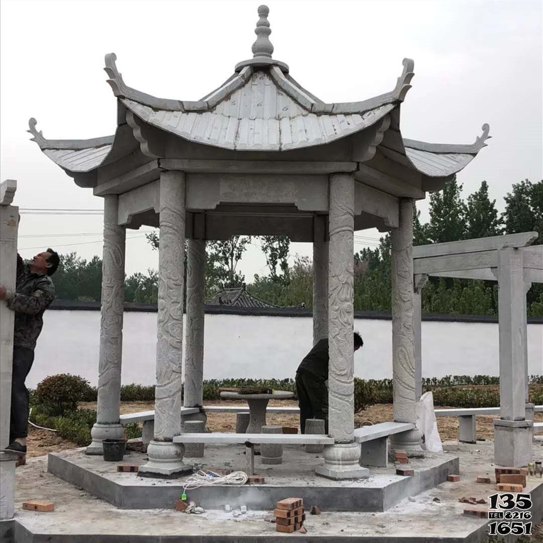 涼亭雕塑-公園庭院擺放仿古建筑六角雕刻長(zhǎng)廊休閑涼亭