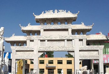 牌坊雕塑-大型景觀廣場(chǎng)擺放三門五樓浮雕仿斗拱牌坊雕塑