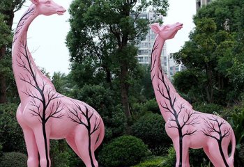 長頸鹿雕塑-公園大型玻璃鋼創(chuàng)意仿真動物景觀粉色長頸鹿雕塑