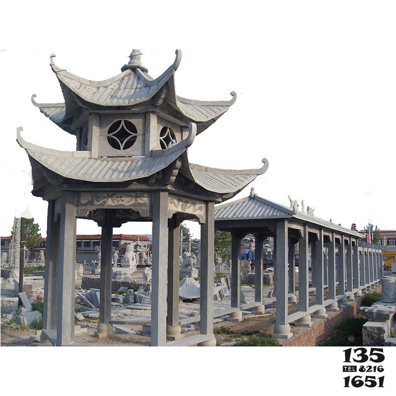 涼亭雕塑-戶(hù)外園林裝飾青石仿古建雙層鏤空長(zhǎng)廊涼亭雕塑高清圖片