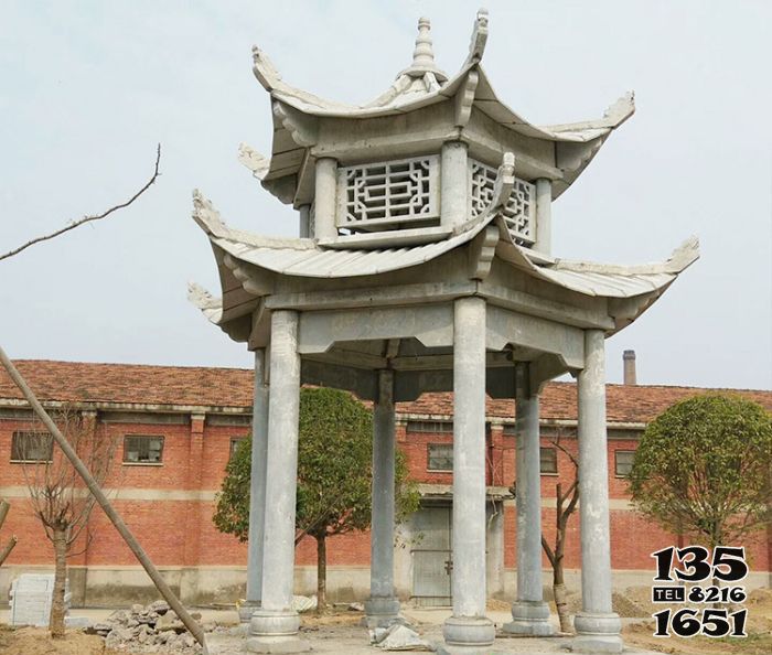 涼亭雕塑-學(xué)院操場擺放休閑仿古建雙層鏤空涼亭雕塑高清圖片