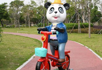 熊貓雕塑-游樂園幼兒園擺放卡通騎車熊貓玻璃鋼雕塑