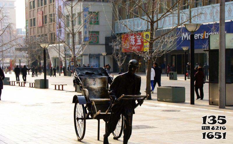 黃包車雕塑-商場室外擺放奔跑拉黃包車的人物景觀銅雕