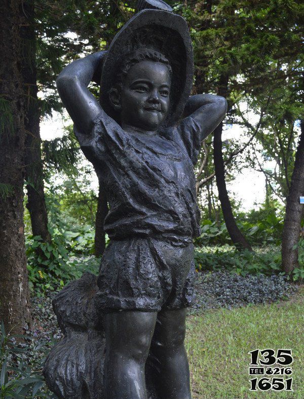 兒童雕塑-公園戴草帽的小男孩人物銅雕兒童雕塑