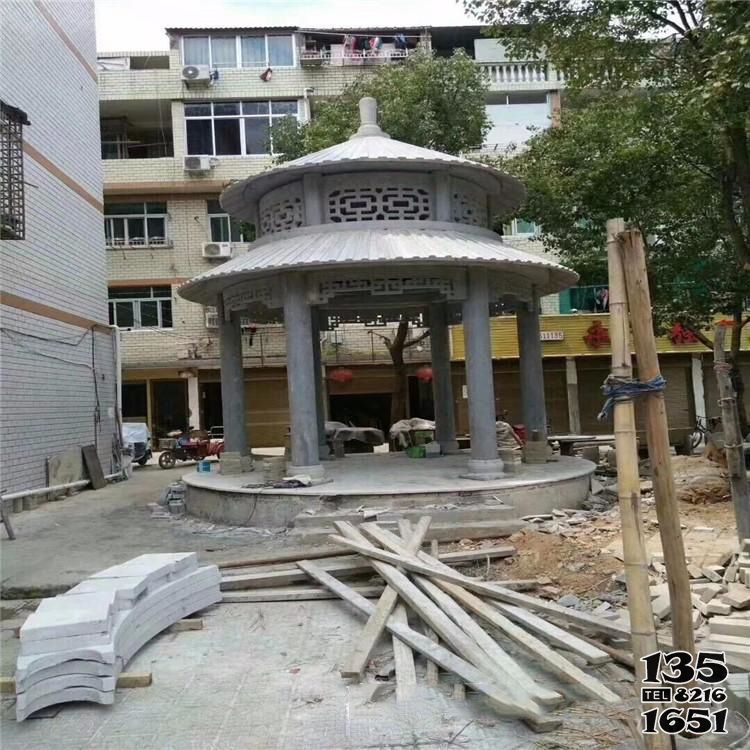 涼亭雕塑-小區公園擺放青石仿古建圓形雙頂涼亭高清圖片